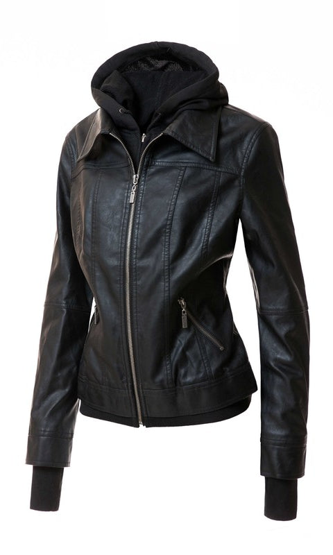 Women's Hood PU Leather Jacket Annva USA