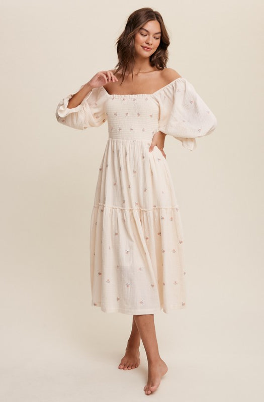 Ditzy Floral Embroidery Puff Sleeve Maxi Dress Listicle