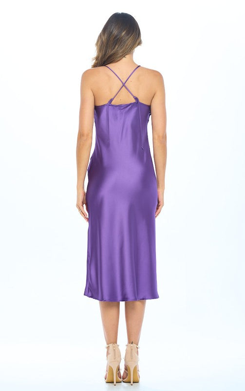 Made in USA Satin Bias Slip Dress with Slit Renee C.