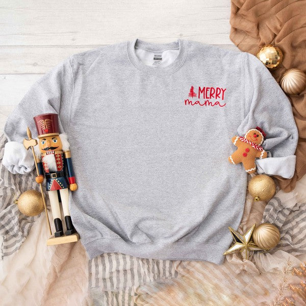 Embroidered Merry Mama Trees Graphic Sweatshirt Olive and Ivory Wholesale