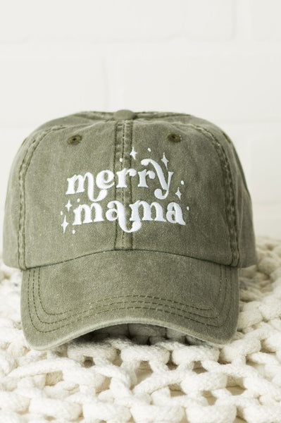 Embroidered Whimsical Merry Mama Canvas Hat Olive and Ivory Wholesale
