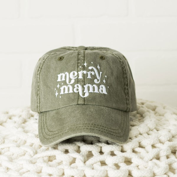 Embroidered Whimsical Merry Mama Canvas Hat Olive and Ivory Wholesale