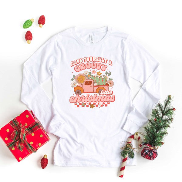 Groovy Little Christmas Truck Long Sleeve Tee Olive and Ivory Wholesale