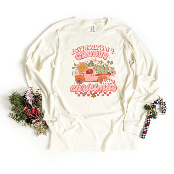 Groovy Little Christmas Truck Long Sleeve Tee Olive and Ivory Wholesale