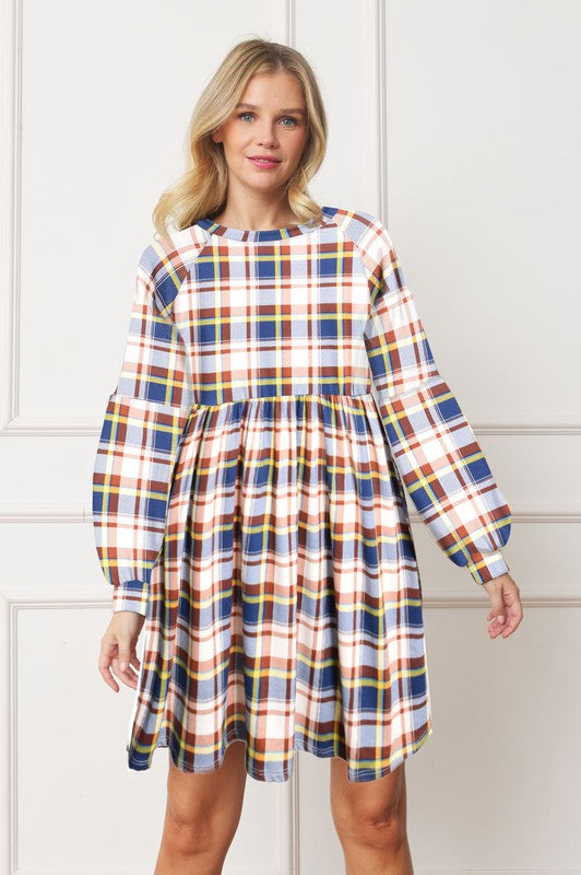 Long Puff Sleeve Plaid Contrast Midi Dress EG fashion