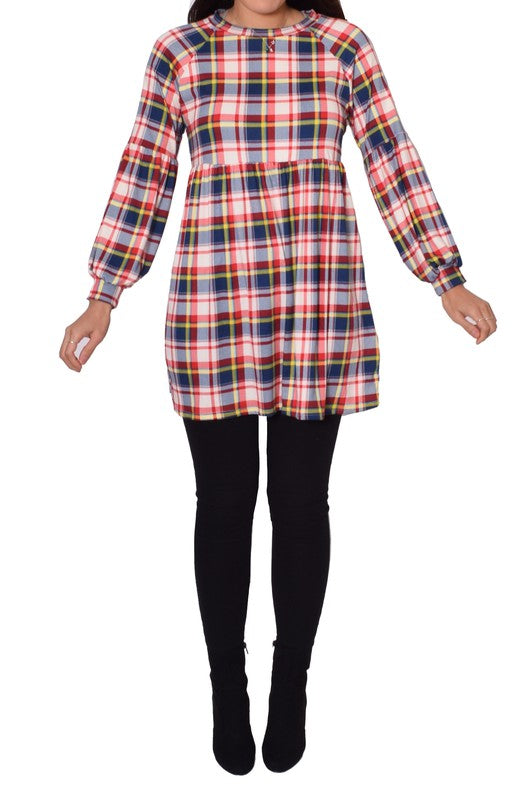 Plus Long Puff Sleeve Plaid Contrast Midi Dress EG fashion