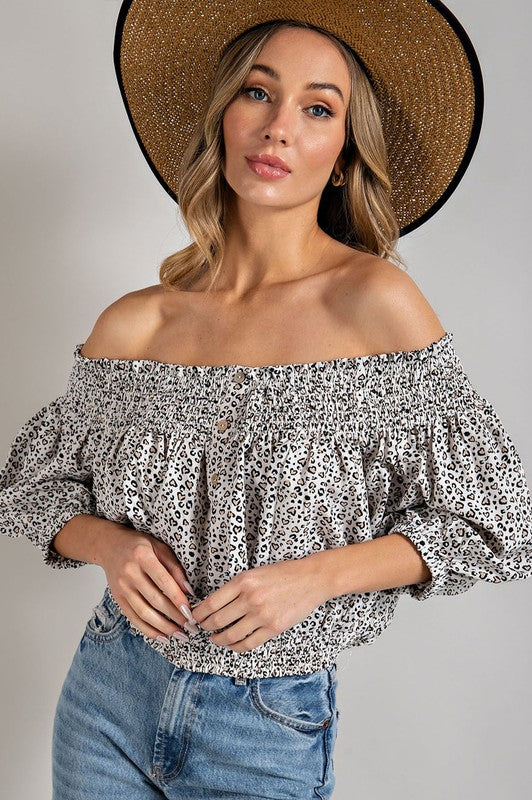 Animal Print Smocked Off the Shoulder Top eesome