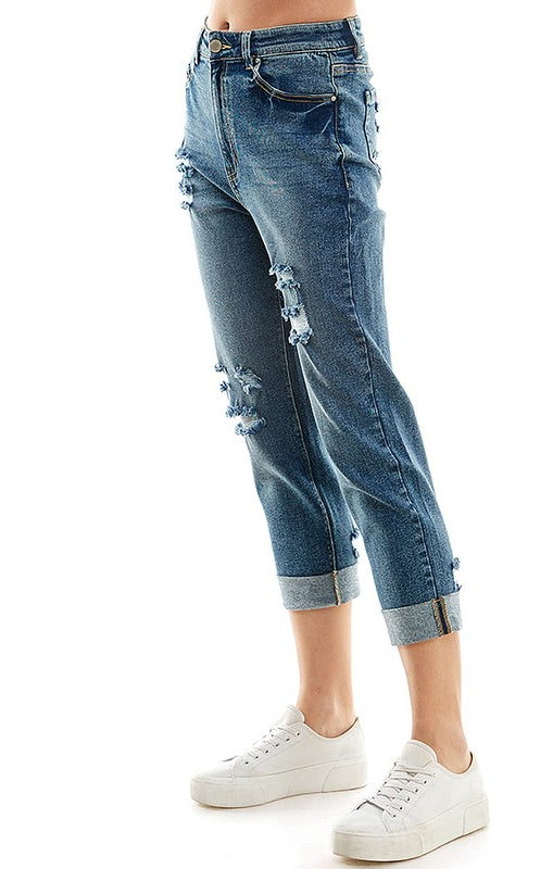 ROOL-UP DISTRESSED  HIGH RISE STRETCH MOM JEANS Blue Age