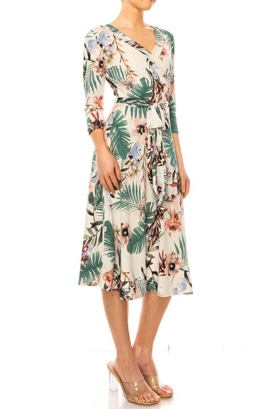 Floral print, faux wrap dress with deep V-neck Moa Collection