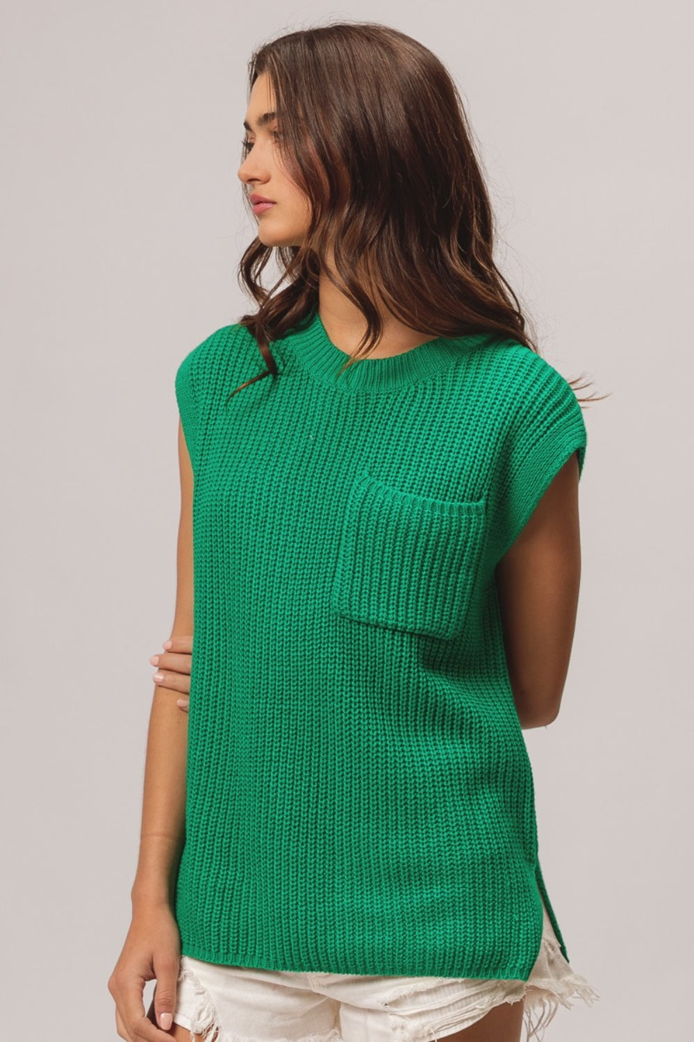 BiBi Patch Pocket Cap Sleeve Sweater Top Trendsi