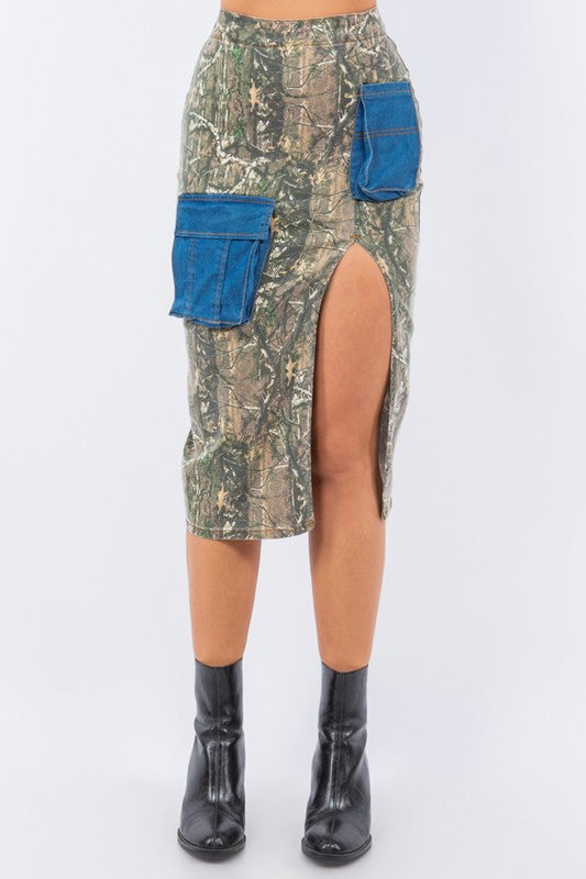 Cargo Skirt with contrast pockets in Woodland Camo GJG Denim