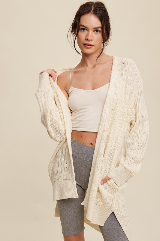 Cable Knit Open Front Long Cardigan Listicle