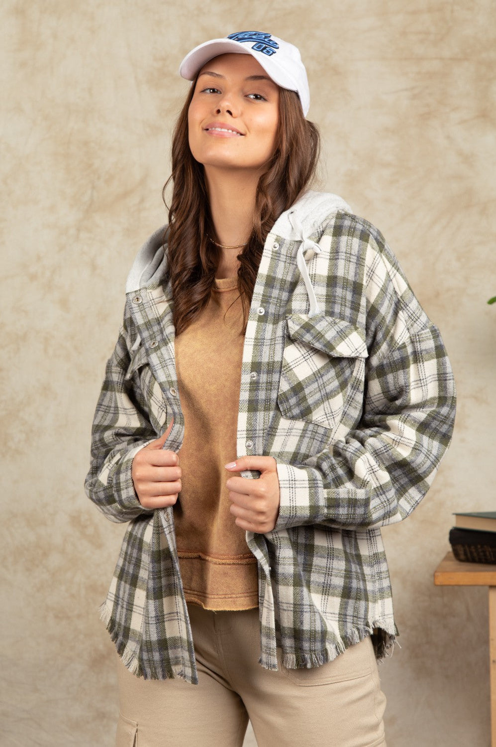 Stay In The Lead Olive Plaid Frayed Hoodie Jacket Very J