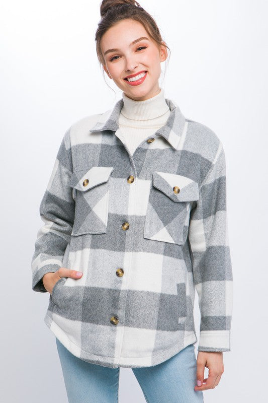 Plaid Button Down Jacket with Front Pocket Detail Love Tree