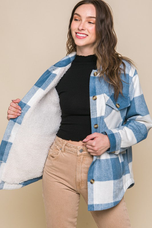 Plaid Button Down Jacket with Front Pocket Detail Love Tree