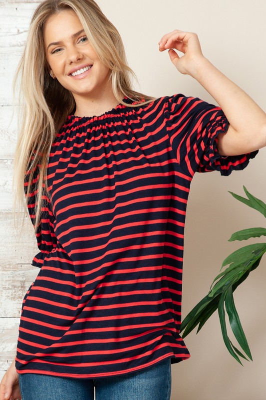 Stripe Short Ruched Sleeve Top Acting Pro