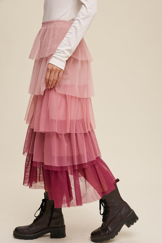 Gradient Style Tiered Mesh Maxi Skirt Listicle