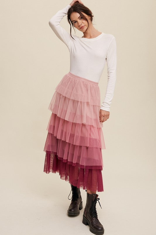 Gradient Style Tiered Mesh Maxi Skirt Listicle