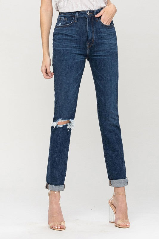 Distressed Roll Up Stretch Mom Jeans VERVET by Flying Monkey