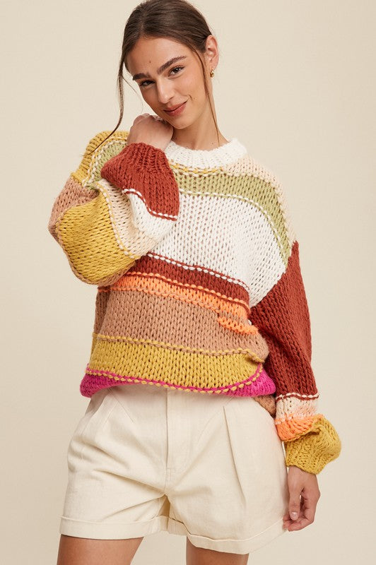 Open Mixed Knit Slouchy Hand Crochet Sweater Listicle