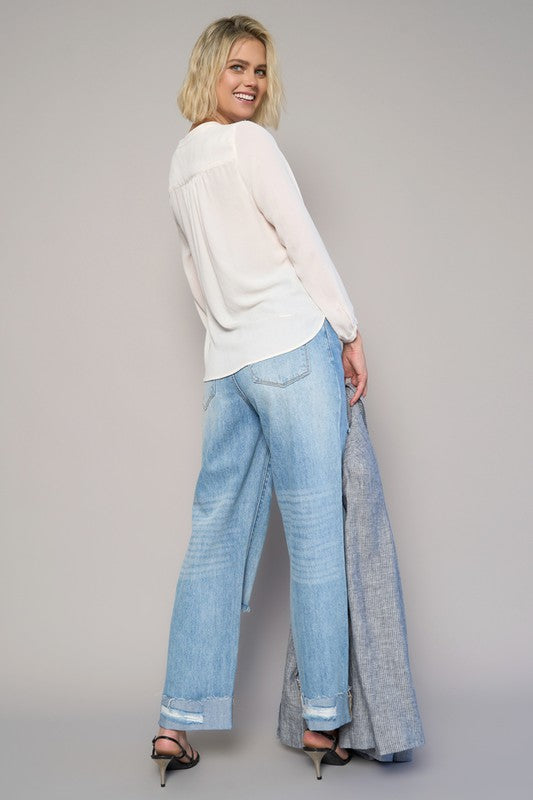 High Waist Crossover Ripped Straight Jeans Denim Lab USA