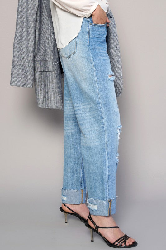 High Waist Crossover Ripped Straight Jeans Denim Lab USA