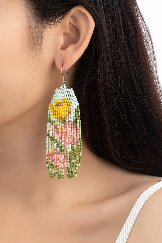 pink and yellow flowers seed bead drop earrings LA3accessories