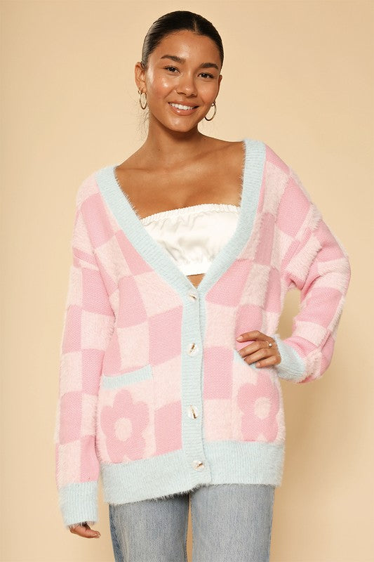 Fuzzy retro flower checkered knit cardigan Miss Sparkling