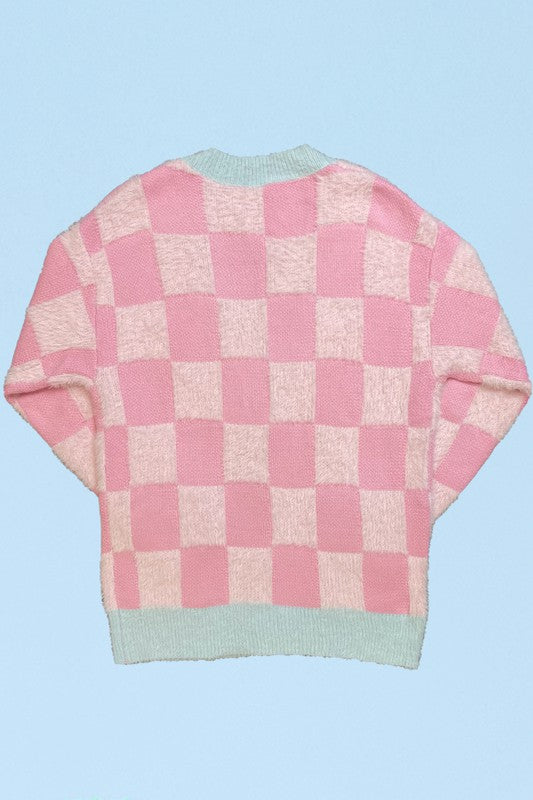 Fuzzy retro flower checkered knit cardigan Miss Sparkling