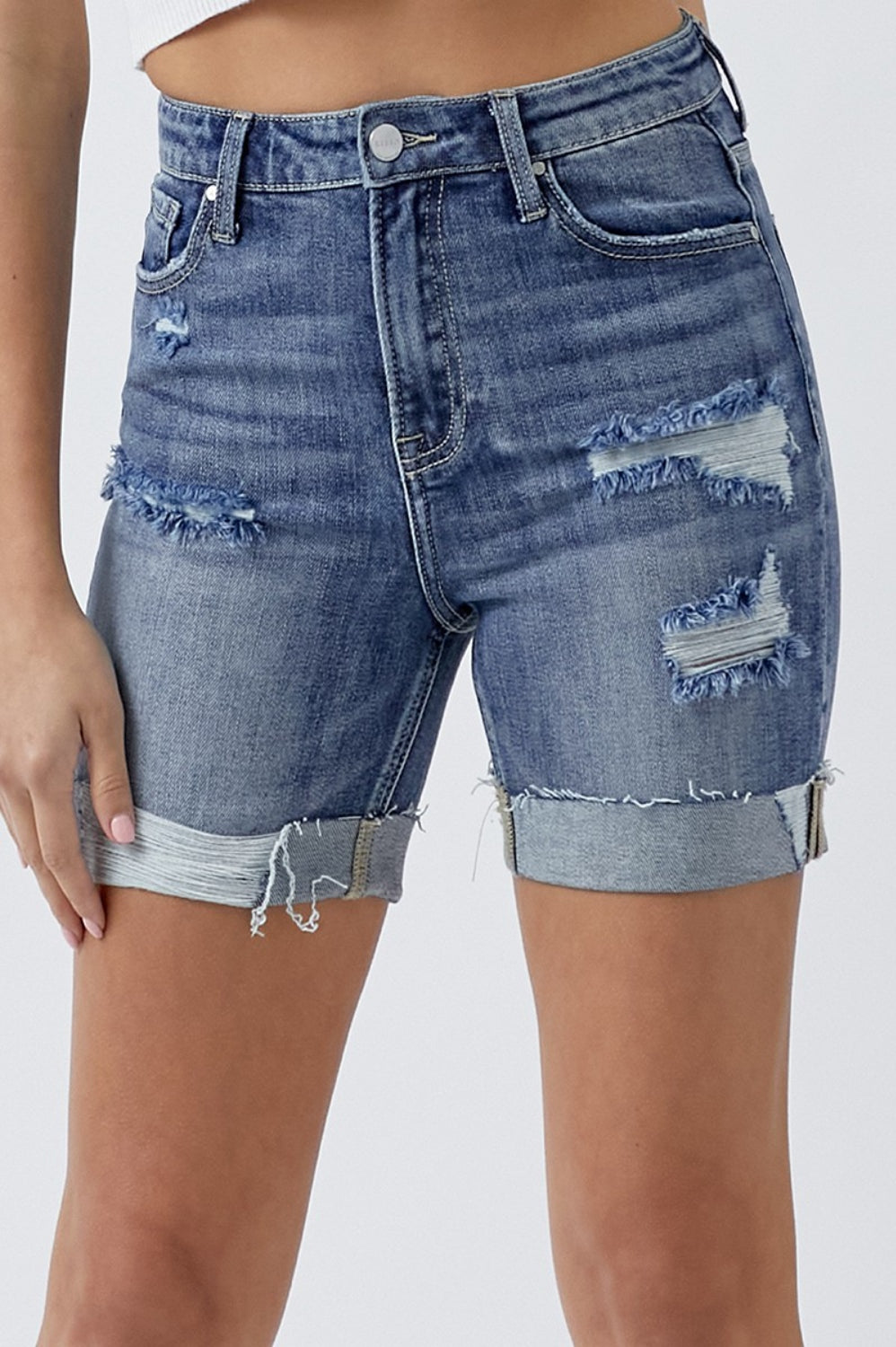 RISEN Full Size Distressed Rolled Denim Shorts with Pockets Trendsi