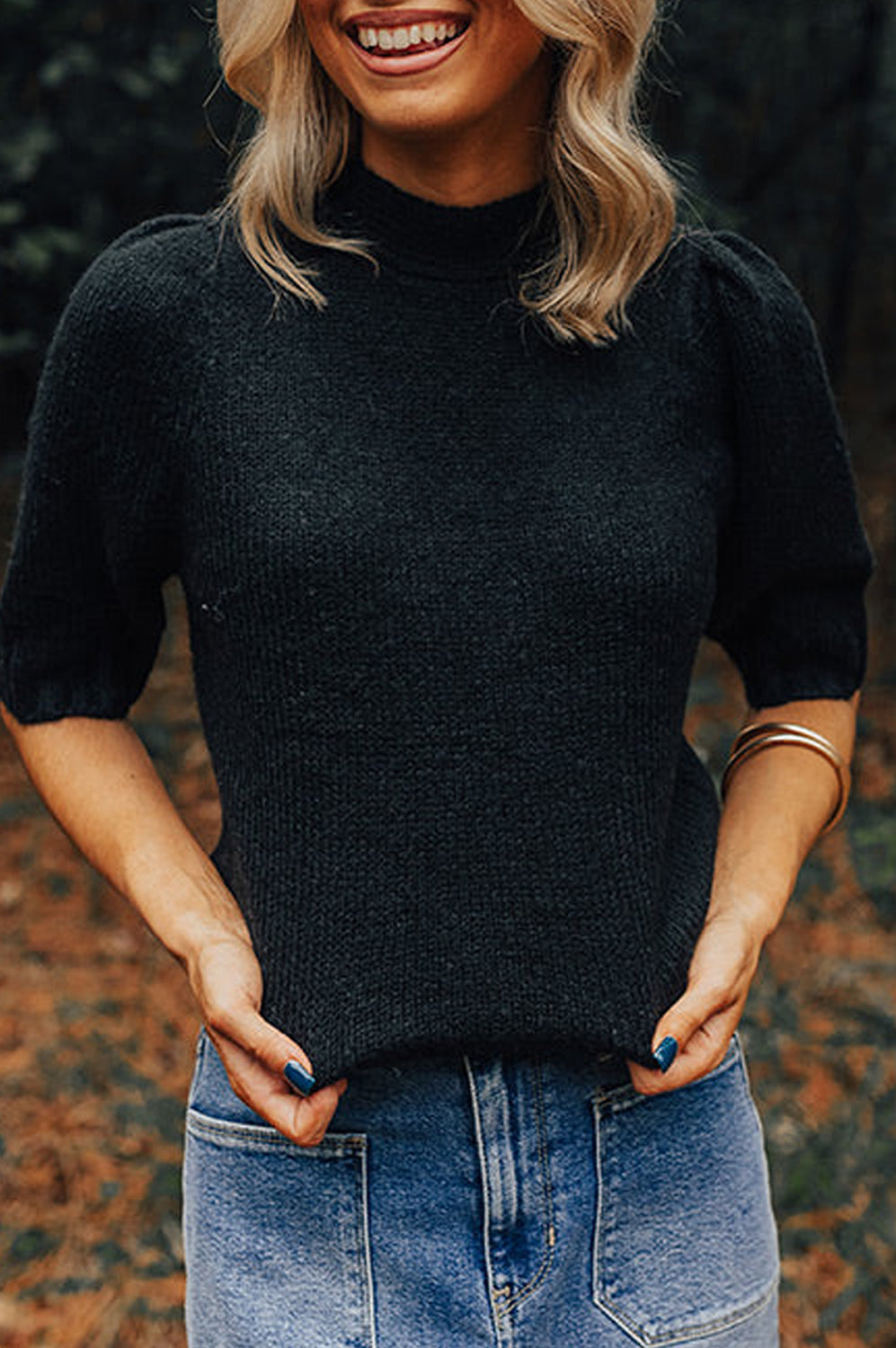Tied Mock Neck Short Sleeve Sweater Trendsi