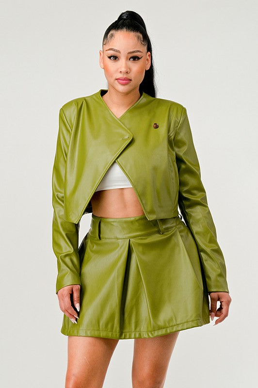 Button Up Pu Leather jacket and Skirt Set Athina
