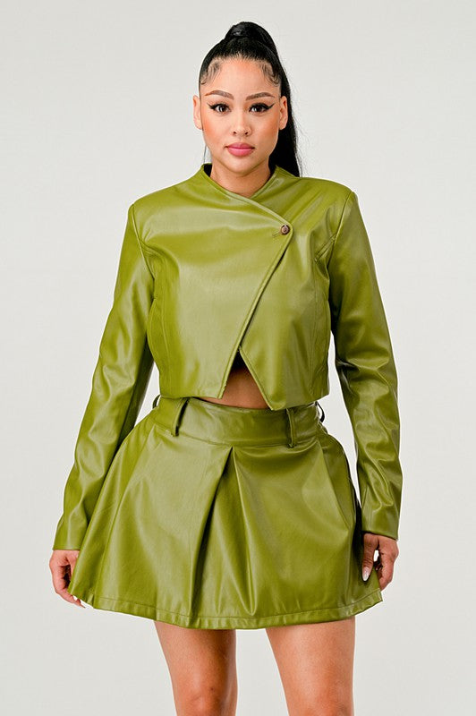 Button Up Pu Leather jacket and Skirt Set Athina