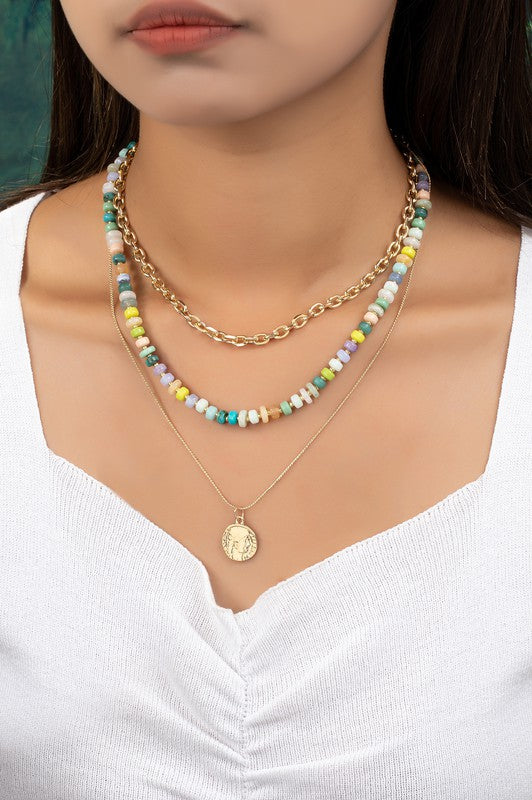3 Row Green Tonal Chunky Resin Bead and Chain Necklace Set Casual Chic Boutique