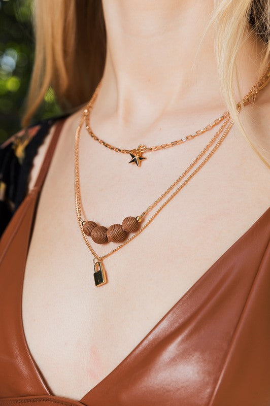 Three Layered Rustic Gold Charmed Necklace Leto Accessories