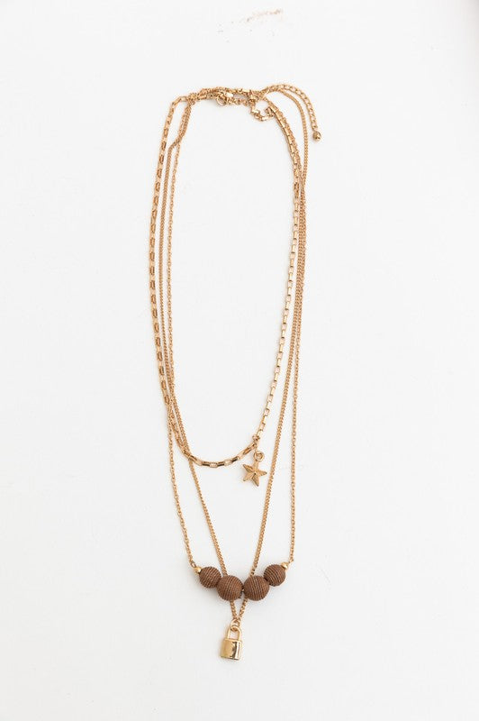 Three Layered Rustic Gold Charmed Necklace Leto Accessories