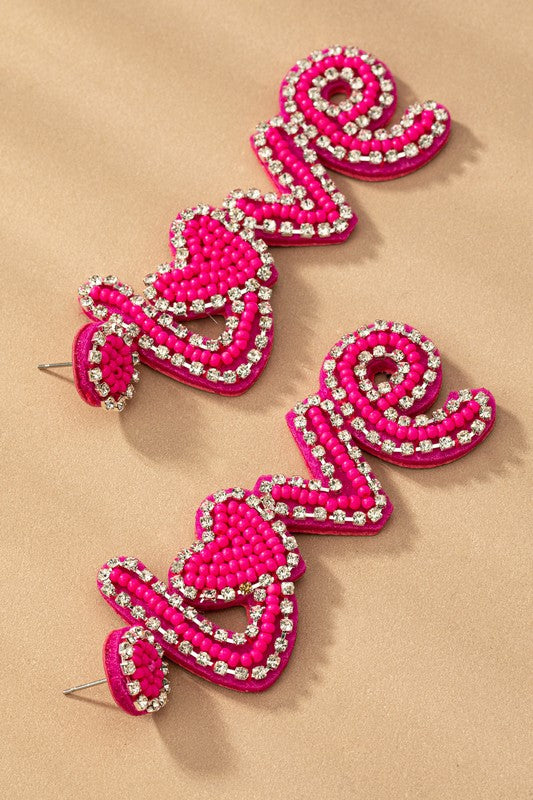Hot pink love seed bead rhinestone earrings LA3accessories