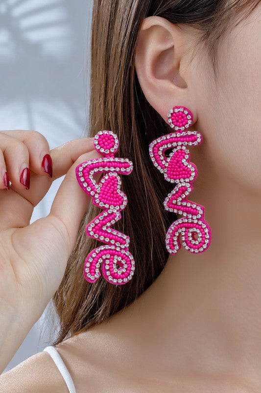Hot pink love seed bead rhinestone earrings LA3accessories