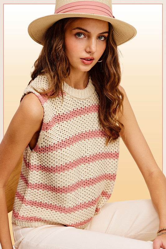 Chunky Stripe Sleeveless Sweater Top La Miel