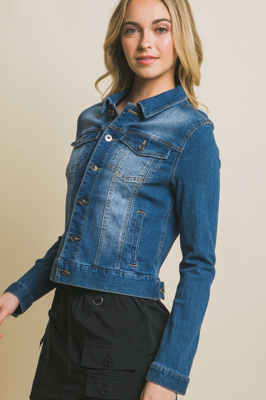 Distressed Button Up Stretchy Cotton Denim Jacket Love Tree