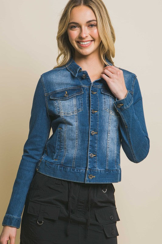 Distressed Button Up Stretchy Cotton Denim Jacket Love Tree