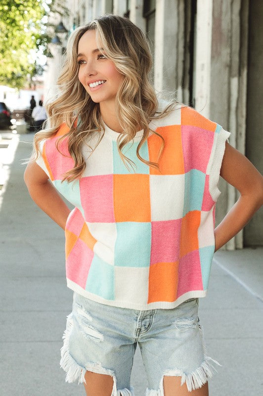 Multi-Color Checker Sweater Vest BiBi