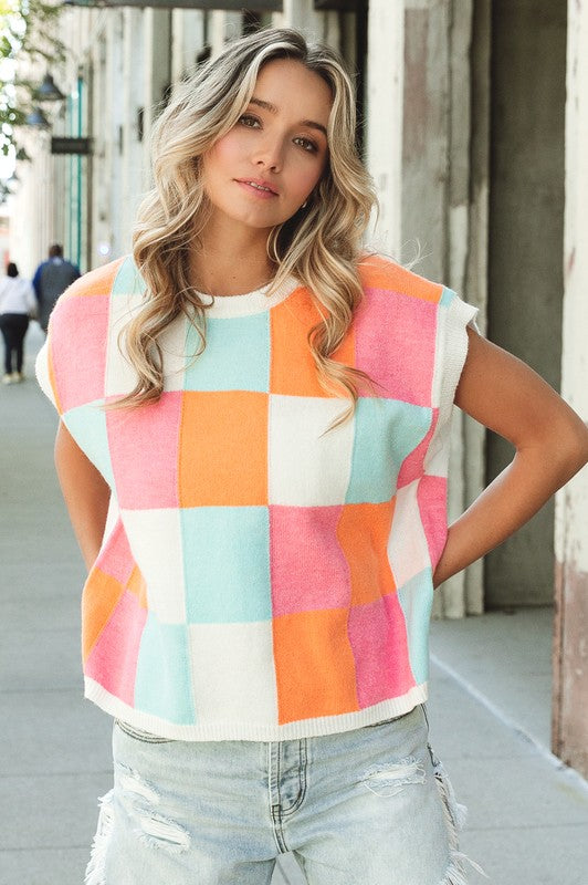 Multi-Color Checker Sweater Vest BiBi