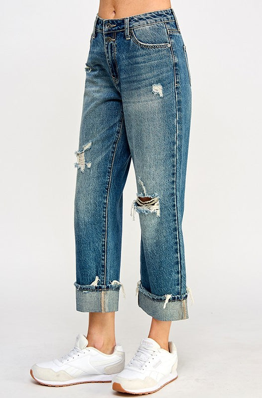 HIGH RISE DISTRESSED CUFFED STRAIGHT JEANS SPECIAL A JEANS