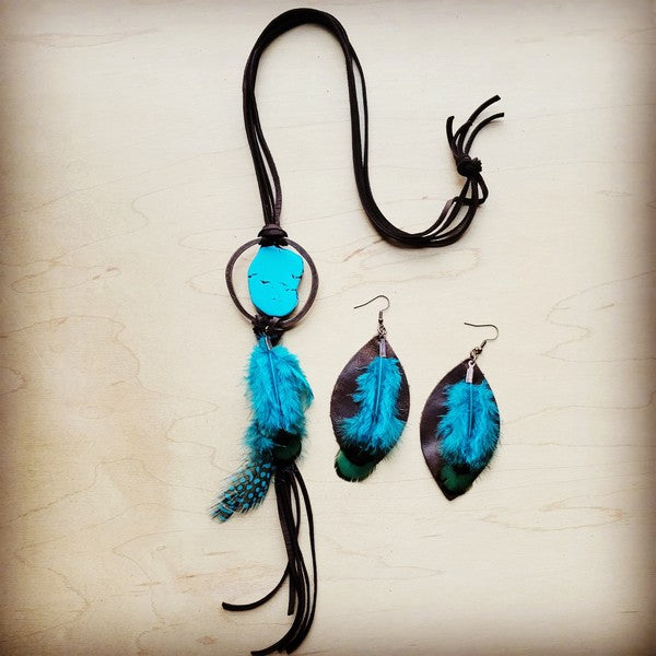 Western Leather Oval Earrings Black Turq Feather The Jewelry Junkie