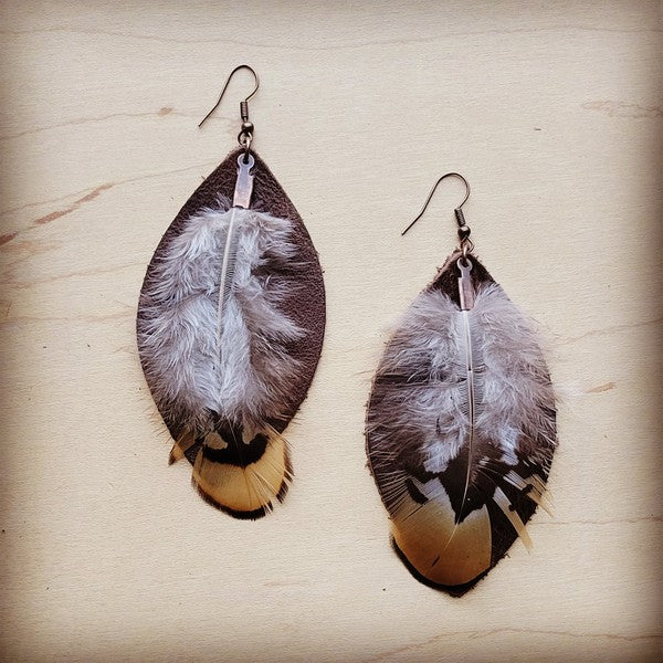 Western Leather Oval Earrings Brown Yellow Feather The Jewelry Junkie