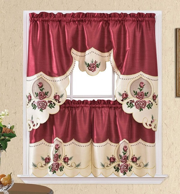 Burgundy Rose Embroidery Kitchen Curtain 3PC Set Home Mart Goods