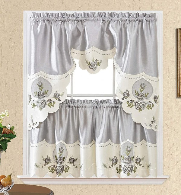 Grey Rose Embroidery Kitchen Curtain 3PC Set Home Mart Goods