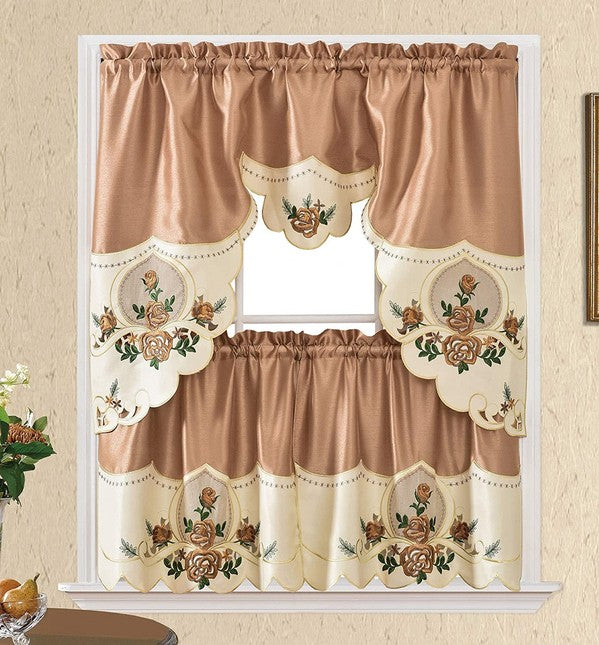 Coffee Rose Embroidery Kitchen Curtain 3PC Set Home Mart Goods