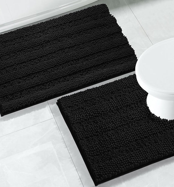 2PC Black Soft Cozy Plush Chenille Bath Mat Set Home Mart Goods